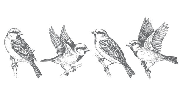 Vintage hand drawn sparrow bird perched on branch in detailed engraving ink sketch.