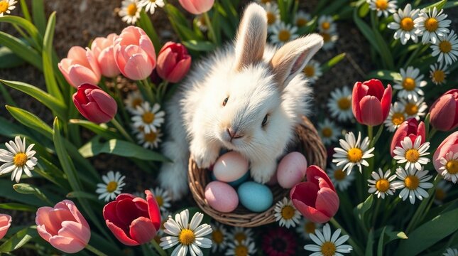 Adorable Easter Bunny Holding Basket of Pastel Eggs