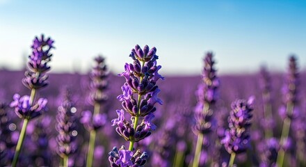 Naklejka premium Vibrant Lavender Field Under a Clear Blue Sky.