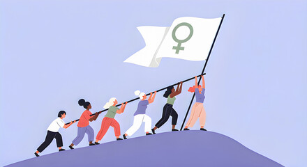 A flat editorial illustration showing a diverse group of women working together to raise a flag on a hill, representing unity, strength, and women empowerment