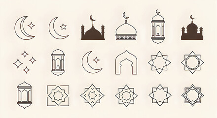 Minimalist Islamic Ramadan Icon Set with Mosque and Crescent Moon