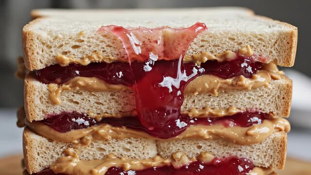 Peanut butter and jelly sandwich making process. Hand spreads jelly over stacked slices of bread with peanut butter. Delicious comfort food preparation, perfect for snack cravings.