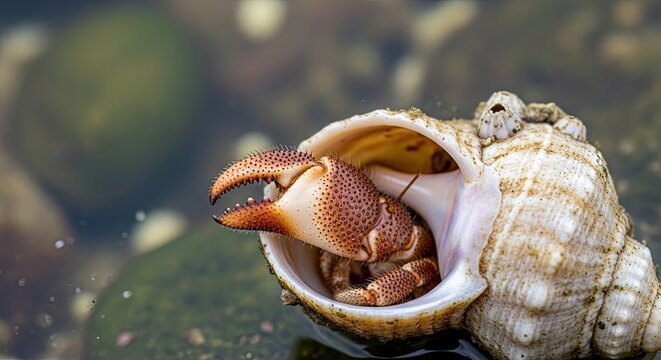 Hermit Crab Peeking Out of a Seashell in Shallow Water.