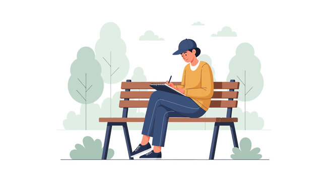 Woman Drawing in Park Bench, Creative Hobby, Outdoor Art Session