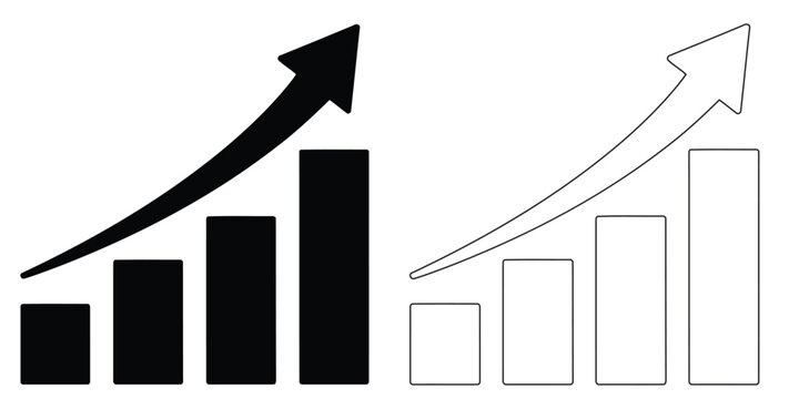 Bar chart with upward trending arrow icon set, solid and outline style