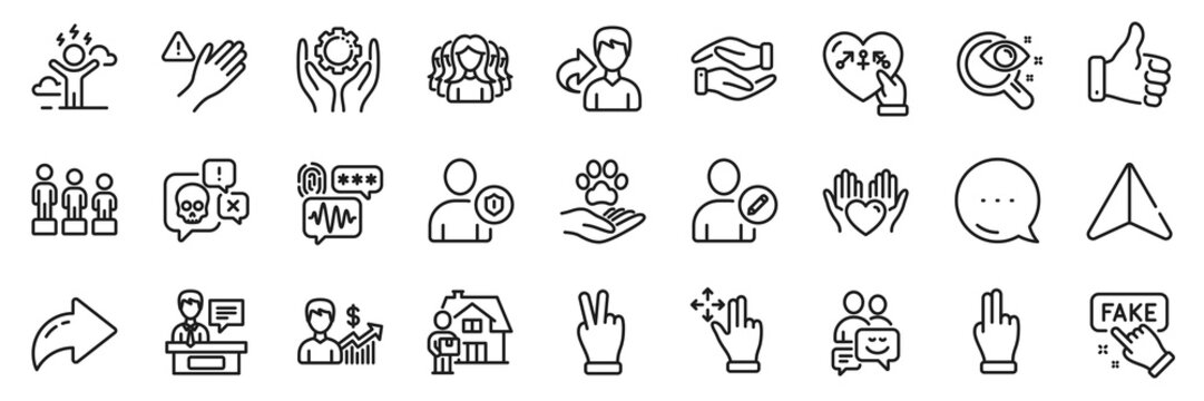 Cyber attack, Dont touch and Fake information line icons pack. Share, Message, Paper plane icons. Security, Pets care, Delivery man web icon. Hold heart, Vision test, Communication pictogram. Vector