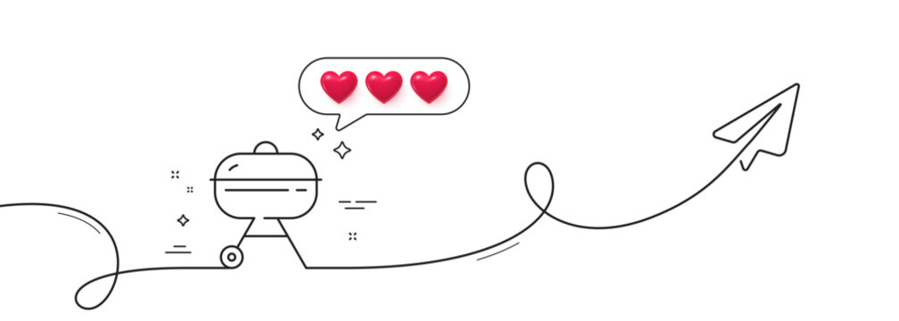 Grill line icon. Continuous line with share plane. Barbecue cooker for cooking food sign. Meat brazier symbol. Hearts rate review in speech bubble. Grill single line ribbon. Loop curve pattern. Vector