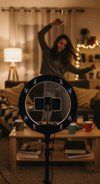 woman dancing behind ring light while recording ugc video at home cozy living room evening scene with smartphone on tripod warm lights and blurred background energetic mood
