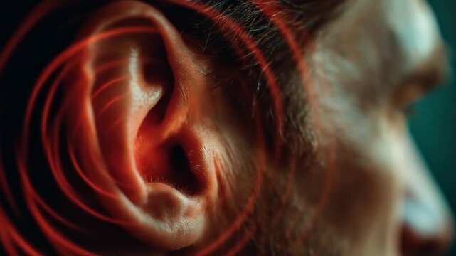 Human ear with glowing red sound waves, symbolizing hearing, auditory perception, noise sensitivity, or tinnitus awareness.