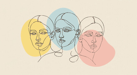 Fototapeta premium Three women faces line art illustration with colorful abstract background