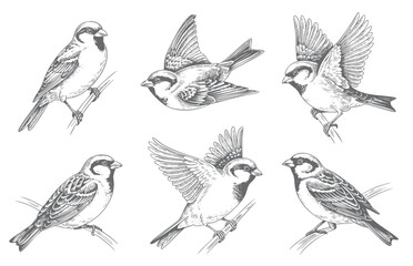 Vintage hand drawn sketch sparrow bird collection with perched and flying poses in line art engraving style isolated on white background.