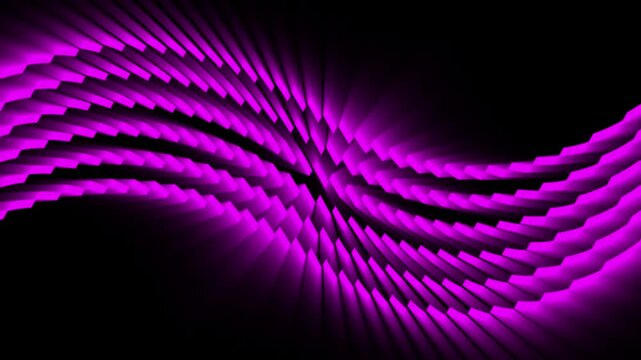 Purple glowing 3d rectangular segments forming a futuristic wave pattern on dark background
