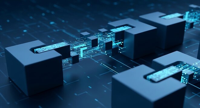 A 3D isometric landscape of dark geometric blocks representing a modular data network or "digital city."