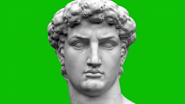 A marble bust of David with detailed facial features. The background is a bright green screen for chroma key use.