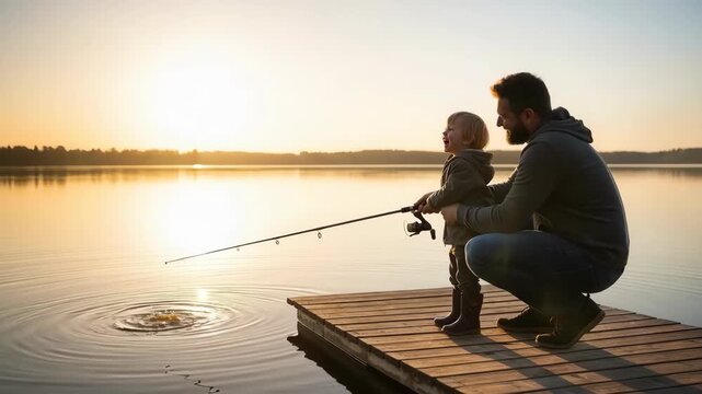Young child and parent fishing on wooden dock at sunset by lake. warm peaceful joyful bonding moment