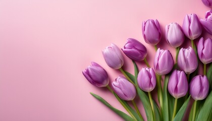 Fototapeta premium Purple Tulips Arranged On A Pastel Pink Background