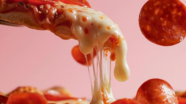 Delicious pepperoni pizza slice with melted cheese. Topping falls as cheese stretches. Bright pink background enhances appetizing mood. Perfect for food lovers and culinary content.