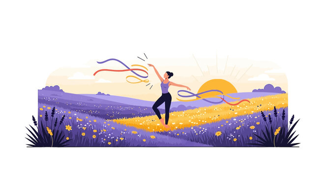Woman Dancing with Ribbons in Lavender Field at Sunset