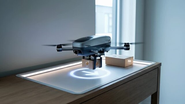 Autonomous delivery drone carrying a small package while hovering over a smart landing pad indoors near a window