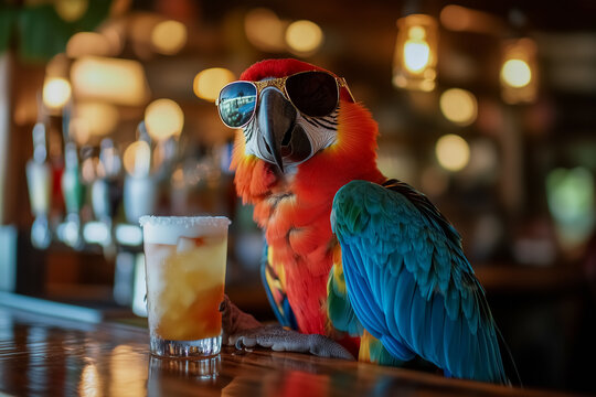Funny colorful exotic parrot in sunglasses sitting at counter bar and enjoys refreshing drink, happy vacation in heat country