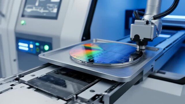 Robotic arm positioning a silicon wafer with rainbow interference patterns on a conveyor belt in a high-tech semiconductor manufacturing facility