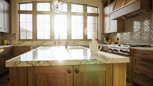 Modern kitchen interior with marble island and wooden cabinets.