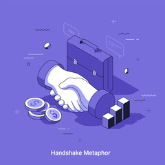Business handshake metaphor with briefcase, coin, and bar chart for successful partnership, deal, and agreement. Isometric linear vector illustration