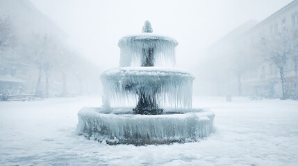 Frozen fountain in winter landscape, icy details and cold atmosphere