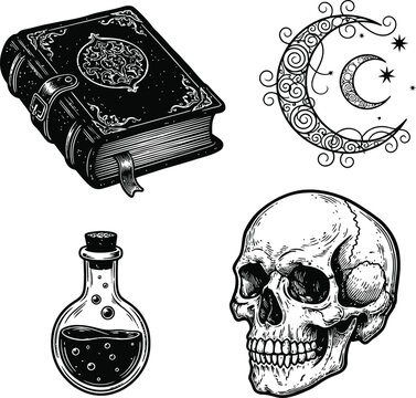 Occult Mystic Icons Set &ndash; Magic Book Moon Skull and Potion Bottle Vintage Illustration