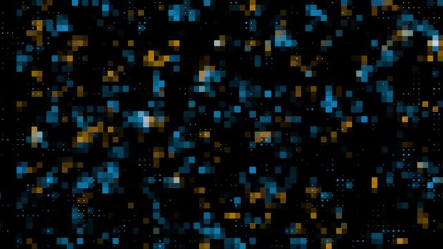 Abstract digital motion background featuring flickering blue and amber pixels across dark grid with cinematic glitch transitions