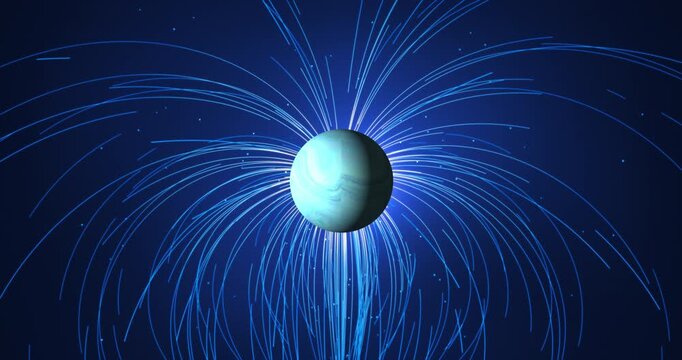 The luminous planet rotates in outer space, and the magnetic field lines diverge from it in dynamic streams, creating the effect of powerful energy radiation that fills the stage with movement.