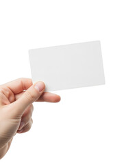 Obraz premium Hand holding a blank white business card isolated on transparent background