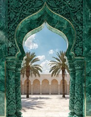 Ornate Green Marble Archway with Palm Trees and Blue Sky