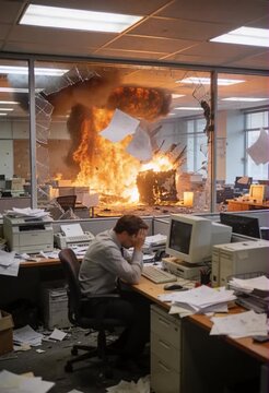 Chaotic Corporate Office, Starting On A Stressed Employee With His Head In His Hands At A Cluttered Desk While, Behind The Glass Wall, A Massive Explosion Erupts, Flame