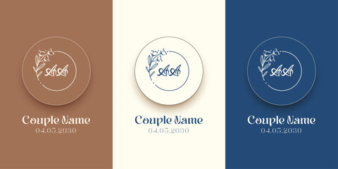 Wedding couple monogram logo with laurel wreath vector illustration, elegant flat design for invitations and branding © Maruf