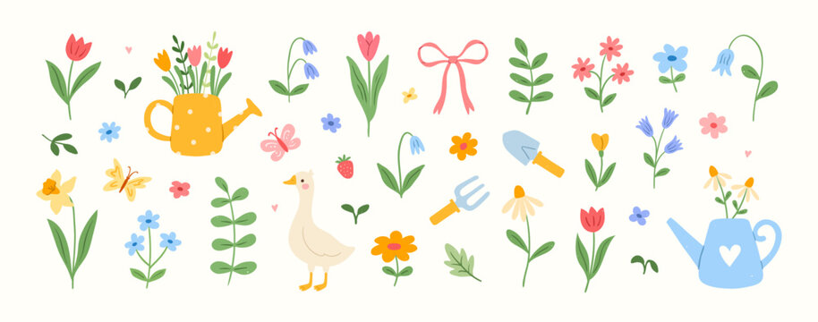 Cute spring flower set with a goose, garden tools, primroses. Summer cozy decoration