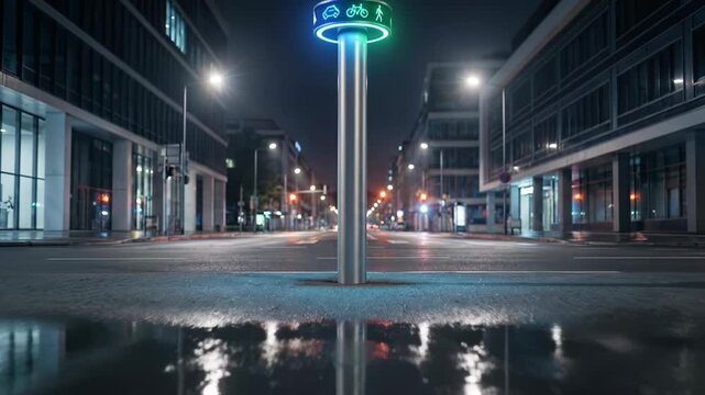 Futuristic smart traffic pole with glowing icons on a wet city street at night under urban lights
