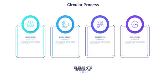 Infographic elements of circular choice template with 4 options, steps or processes. Program steps placed in horizontal row. Modern flat vector illustration for visual presentation