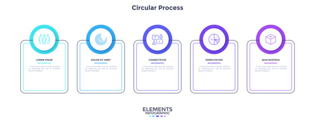 Infographic elements of circular choice template with 5 options, steps or processes. Program steps placed in horizontal row. Modern flat vector illustration for visual presentation