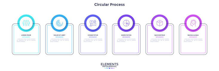 Infographic elements of circular choice template with 6 options, steps or processes. Program steps placed in horizontal row. Modern flat vector illustration for visual presentation