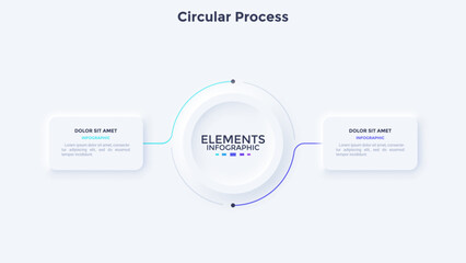 Two rectangular frames connected with main circle. Concept of comparison of profitability of 2 business projects. Neumorphic infographic design template. Vector illustration.