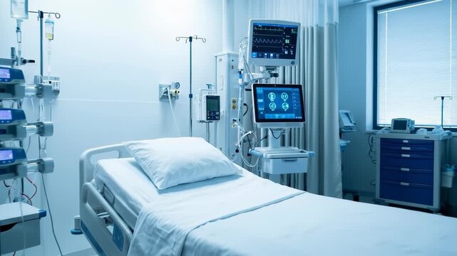 Empty modern intensive care unit room with medical equipment heart rate monitor and hospital bed in a clean clinical setting