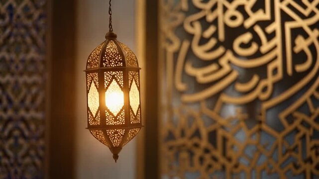 Lantern Hanging in Islamic Architectural Background with Arabic Calligraphy