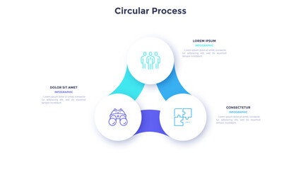 Circular scheme with three round paper white elements. Concept of cyclic business process with 3 stages. Minimal infographic design template. Modern flat vector illustration for data visualization.