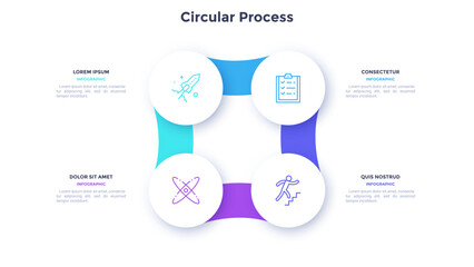 Circular scheme with three round paper white elements. Concept of cyclic business process with 4 stages. Minimal infographic design template. Modern flat vector illustration for data visualization.