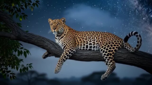 Leopard resting tree branch starry night sky with milky way glow serene wild feline safari scene