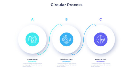 Circular process diagram color minimalist design with 3 steps sequence. Business communication and development presentation with frames. Three connected round shapes for data infographic