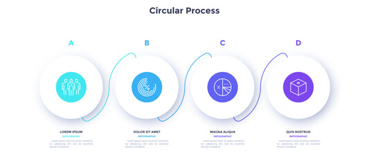 Circular process diagram color minimalist design with 4 steps sequence. Business communication and development presentation with frames. Three connected round shapes for data infographic