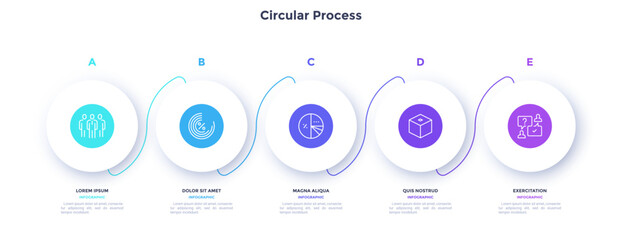 Circular process diagram color minimalist design with 5 steps sequence. Business communication and development presentation with frames. Three connected round shapes for data infographic