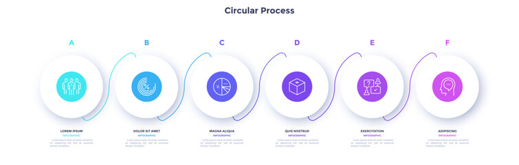 Circular process diagram color minimalist design with 6 steps sequence. Business communication and development presentation with frames. Three connected round shapes for data infographic